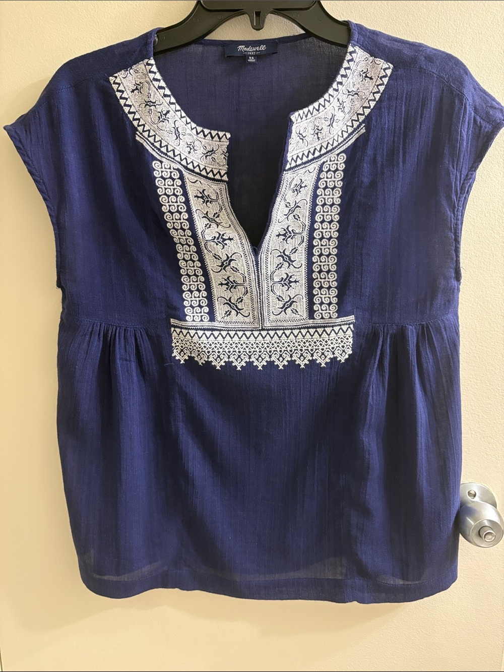 Madewell Navy Blue Short-Sleeve Embroidered Split-Neck Tunic